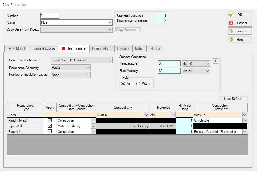 The fully defined Heat Transfer panel of the Pipe Properties window.